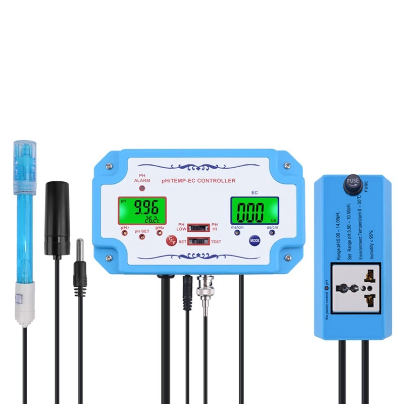 

3 in 1 PH Meter PH/EC/TEMP Detector Controller Relay Electrode BNC Type Probe Water Quality Tester EU Plug