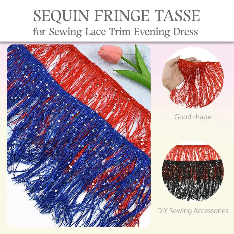 

1/5Meters 20cm Sequins Fringe Tassels Latin Dress Lace Trim Decorative Tassel Sofa Curtain Decoration Fringes Sewing Accessories