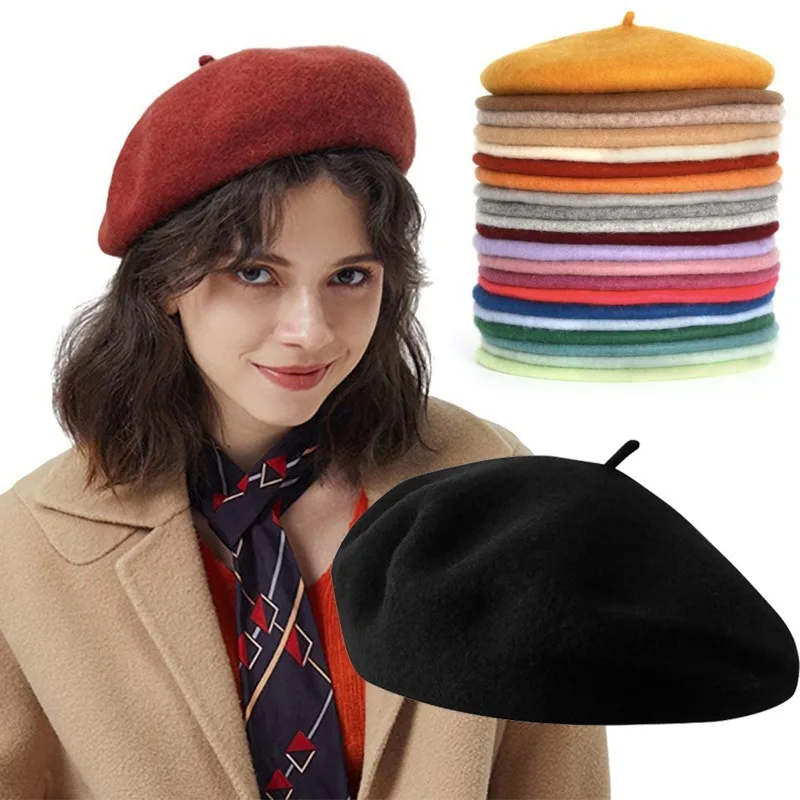 Winter Vintage Warm Wool Plain Beret for Women\'s Girls Artist Fashion Casual Solid Black Red Beanie Hat Caps Boinas Para Mujer