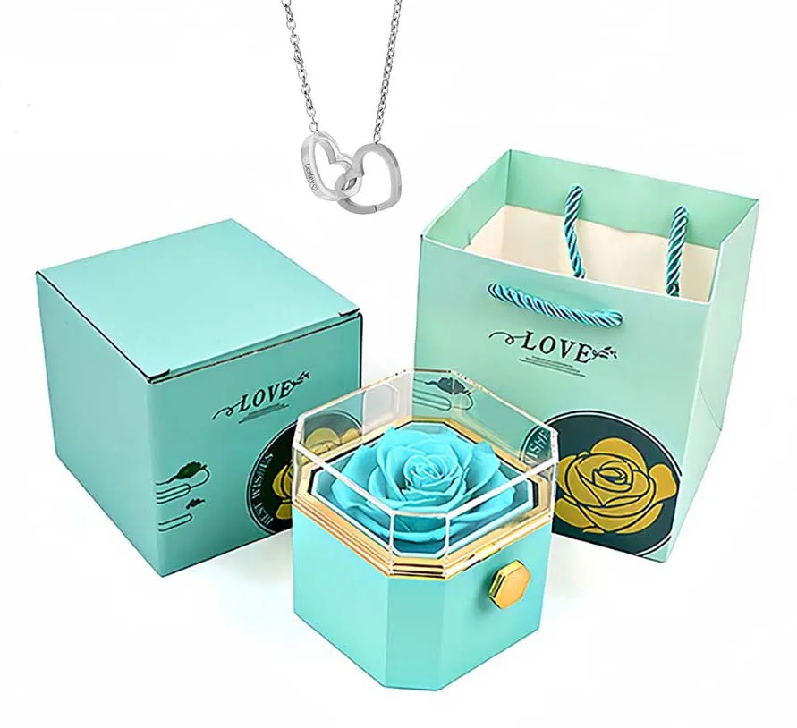 Boîte à bijoux rose éternelle révoltée et collier d'amour gravé, cadeau d'anniversaire pour petite amie et femme, fête de Léon, nouveau