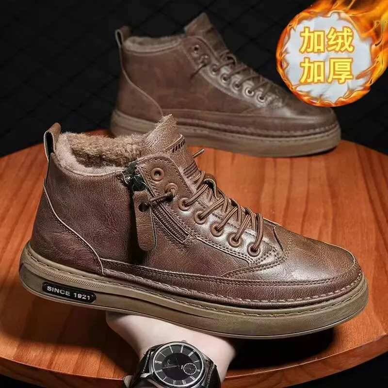 Мужские ботинки, черная мужская обувь из искусственной кожи, осень-зима 2024, удобная повседневная обувь с высоким берцем, модные ботинки на платформе с молнией