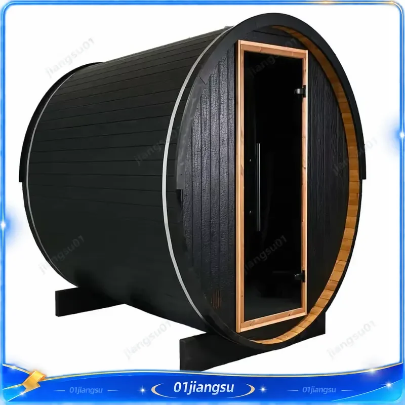 Wholesale 6 Person Outdoor Barrel Sauna Red Cedar Pine Wood Eco Friendly Half Glass Panoramic Window With Heater Stove