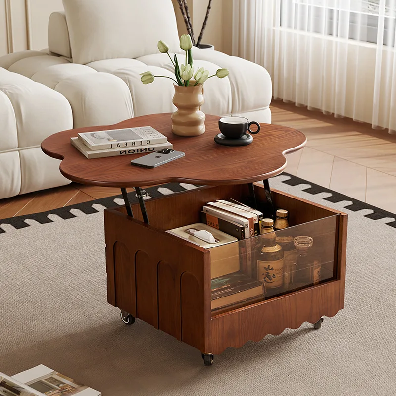 -functional coffee table special-shaped, petal coffee table solid wood small apartment, can be lifted and moved