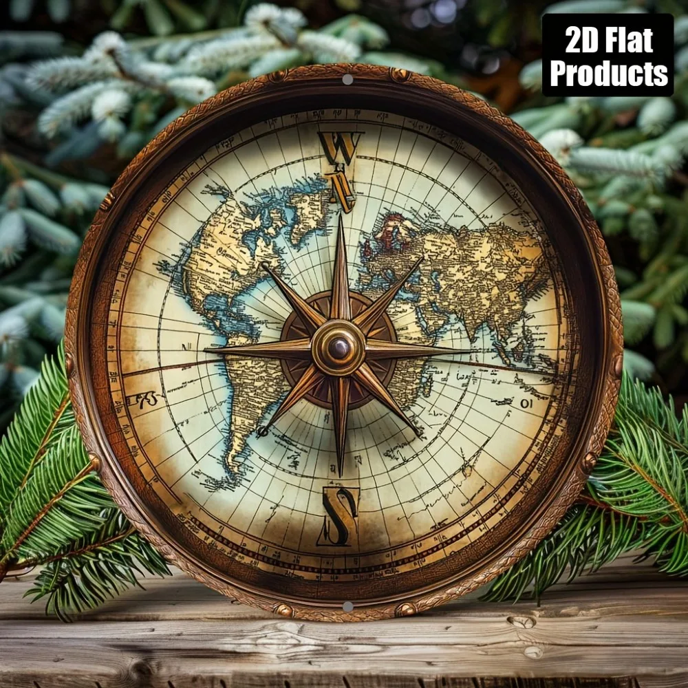 Vintage Nautical Compass Round Metal Wall Art, 20.32x20.32cm Rustic World Map Aluminum Sign for Home Office Bar Cafe Decor