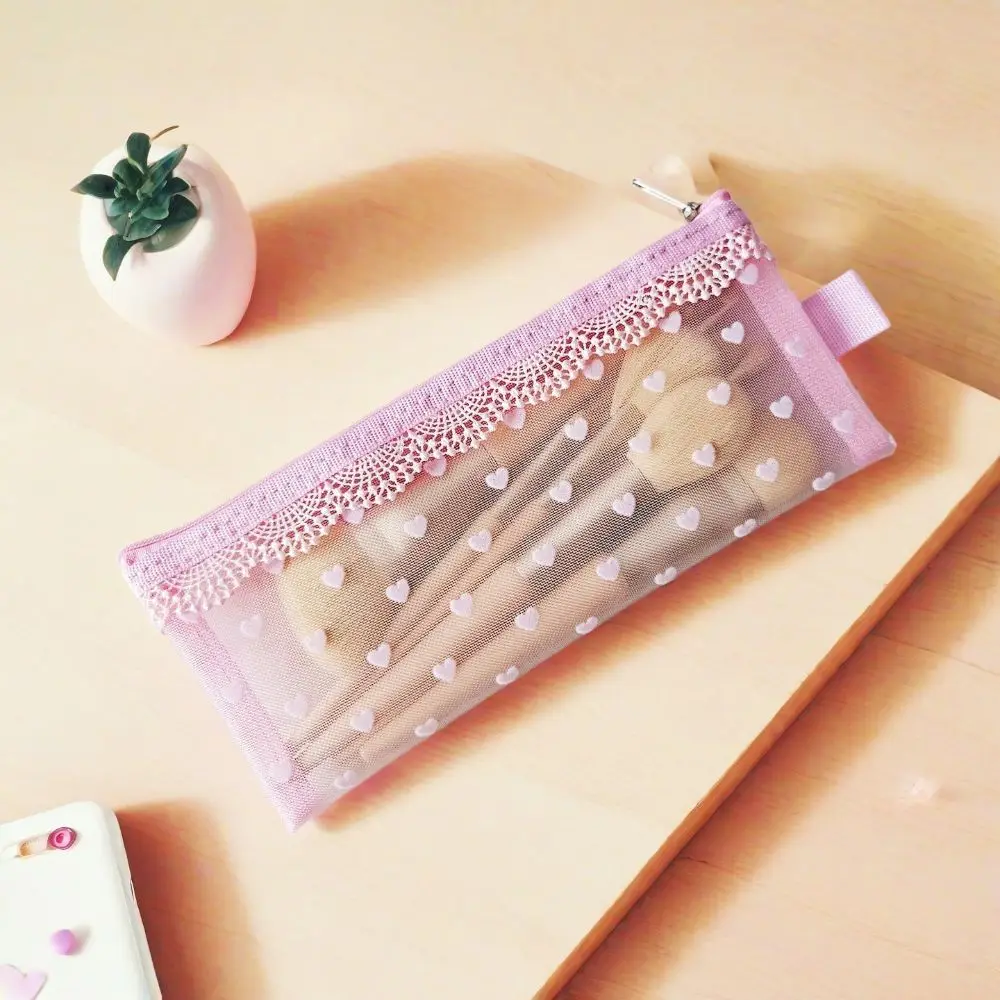 Fashion Flower Edges Cosmetic Bag Mesh Lace Heart Makeup Storage Pouch INS Transparent Toiletry Bag Storage for Travel