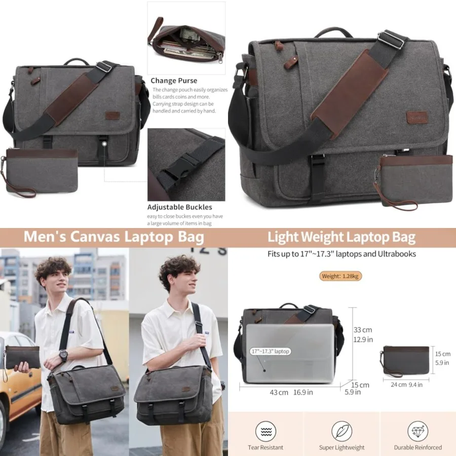 Nerlion Messenger Bag for Men 17-17.3 Inch Laptop Bag Canvas Water-resistant Computer Bag Shoulder Bag Work Briefcase Bookbag f