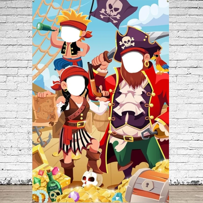 Face In Hole Photography Backdrop Pirate Door Banner For Kids Pirate Birthday Party Background Decor Pirate Face Photo Poster