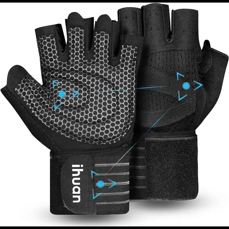 

Ihuan Ventilated Weight Lifting Gloves with Wrist Wrap for Men & Women Full Palm Protection Gym Workout Fitness Support