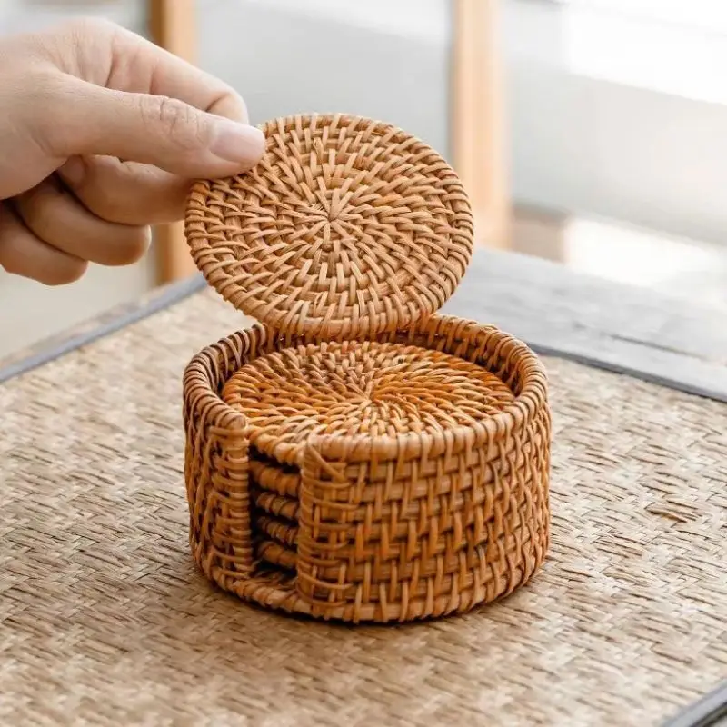 Natural Cup Mat With Storage Box Hand Woven Placemat Braided Mat Heat Resistant Natural Rattan Hot Insulation Anti-Skidding Pad