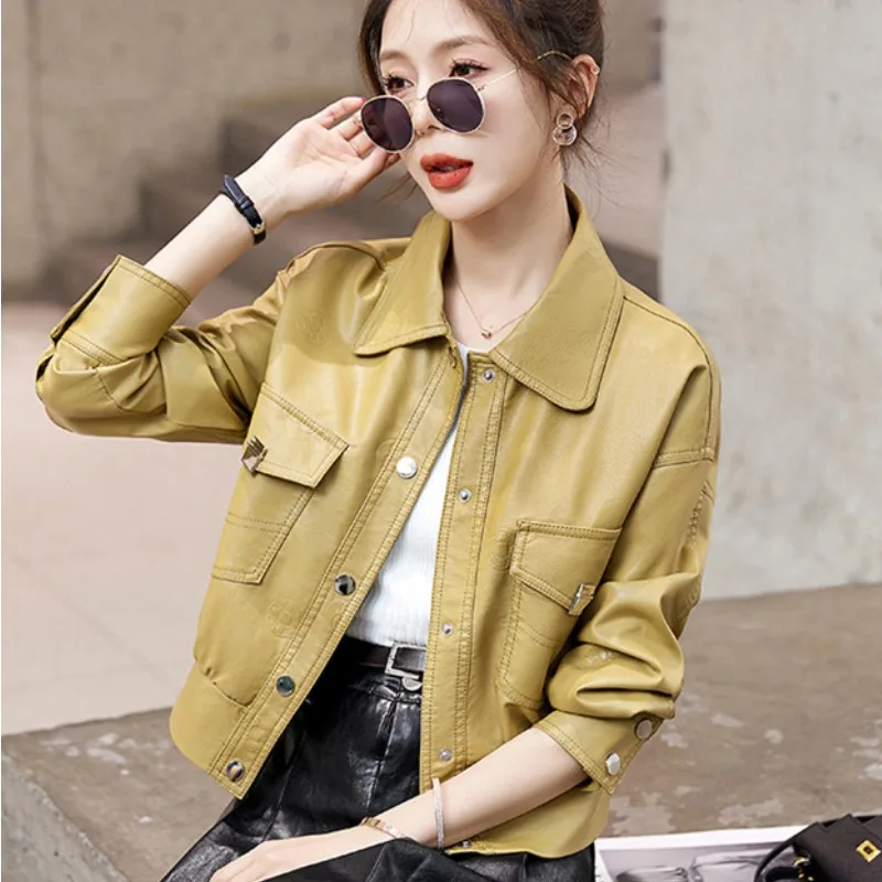 

2023 New Women Winter Faux Leather Clothing Short-length Loose Overcoat Fashionable Jacket High Waist Long Sleeved Outwear