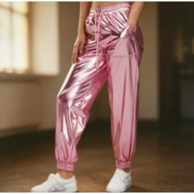 

European American Streetwear Pants Gold Foil Shiny Leather Loose Bottoms Breathable & Adjustable Great for Carnival