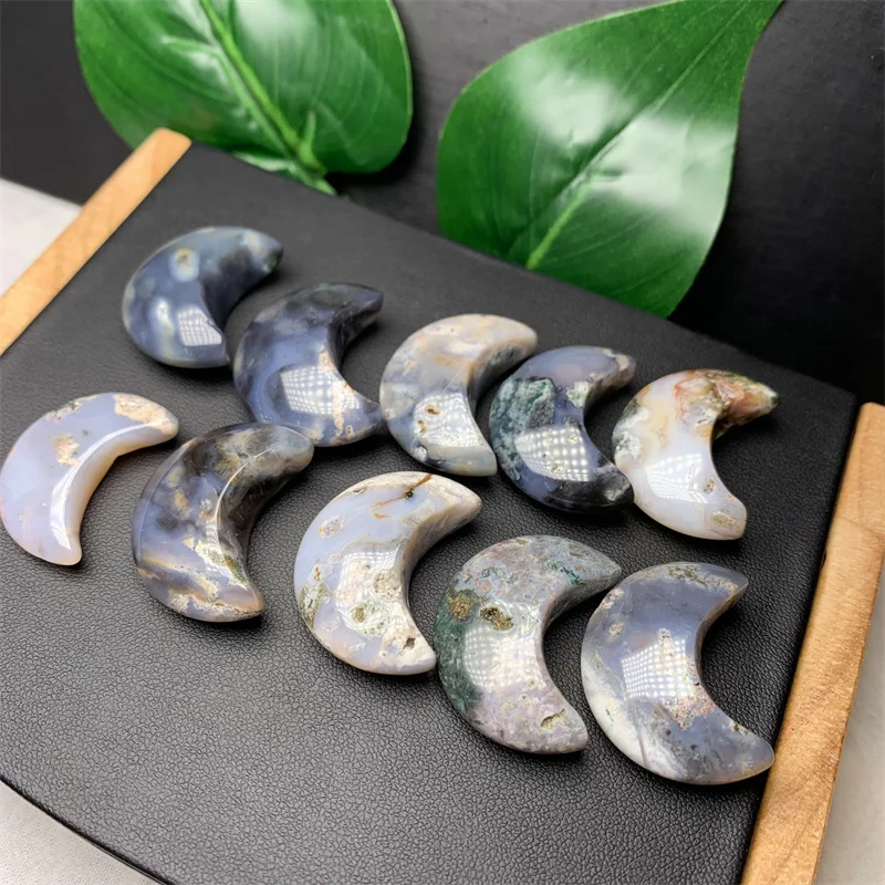 10PCS Natural Moss Agate Moon Hand Made Carving Figurine For Gift Healing Crystal Home Decoration Gift