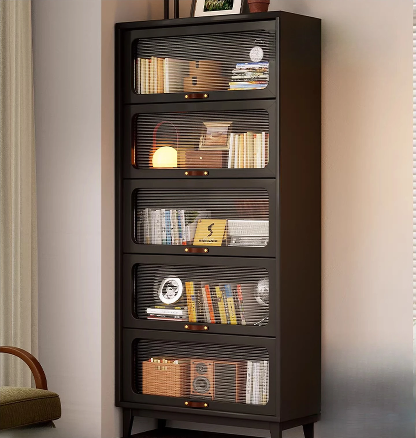 

Solid Wood Black Display Cabinet, Internet Celebrity Bookcase, Locker Against The Wall, Living Room Dust Rack, Floor Bookshelf