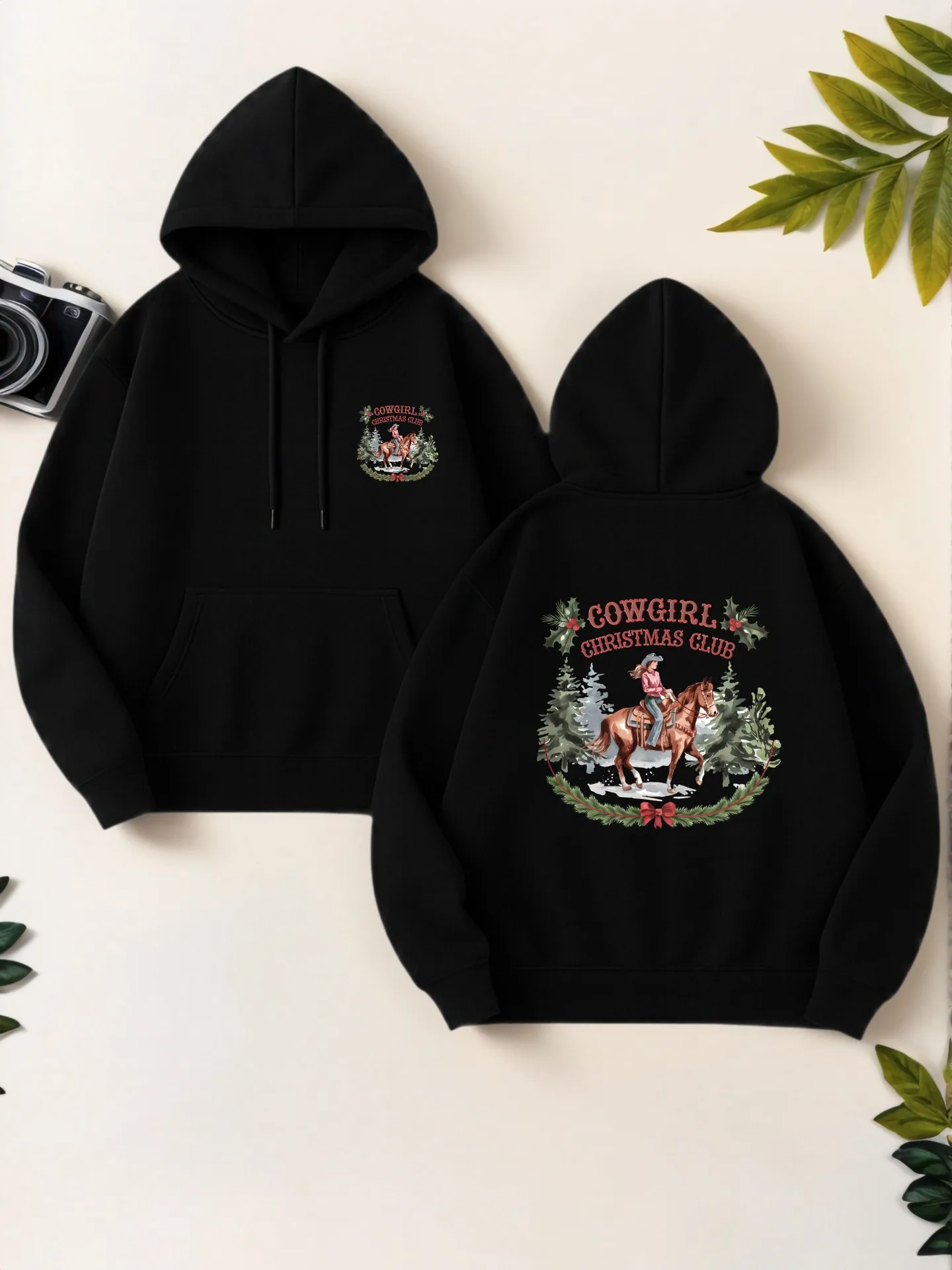 

Women's Cowgirl Christmas Club Graphic Hoodie, Vintage Aesthetic Design, Fleece Lined, Casual Everyday Wear, For Women