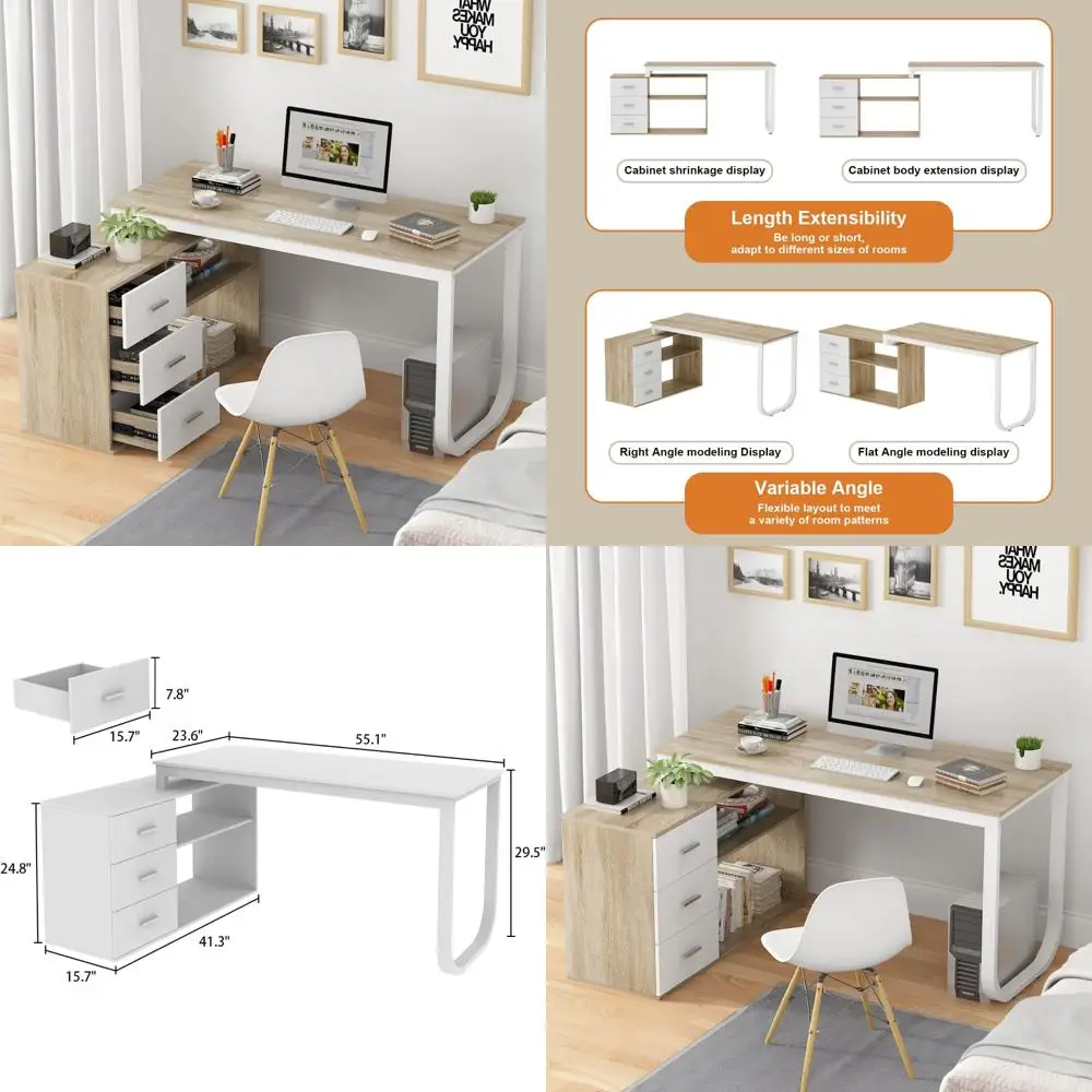 

Large L-Shaped Office Desk with 41.3 File Cabinet, 3 Drawers, and 2 Shelves, Corner Computer Workstation