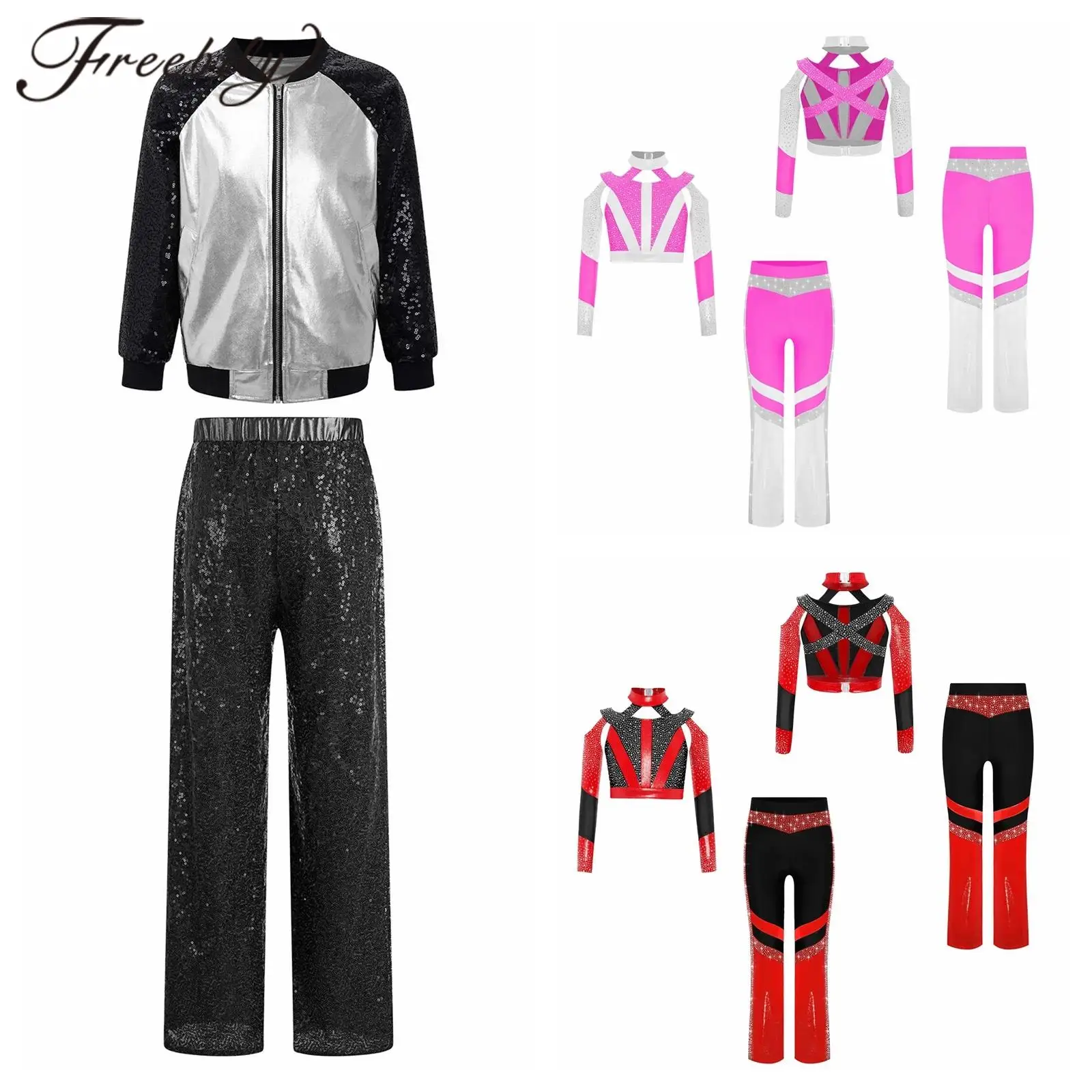 

Kids Party Dancewear Sets Girls Sequin Jazz Dance Costume Hip Hop Outfit Metallic Clothes Teen Fashion Children Streetdance