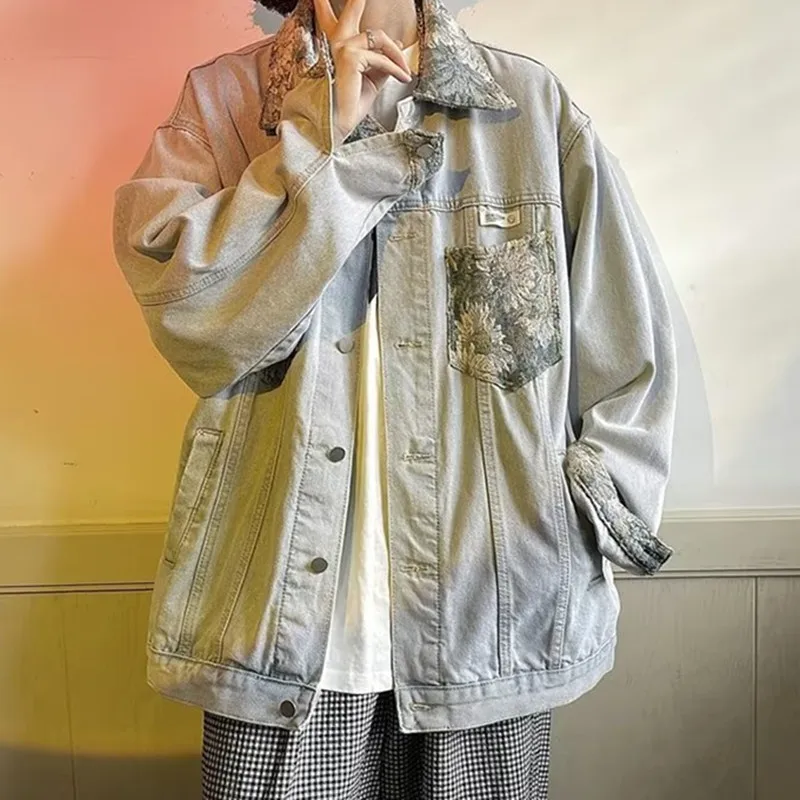 

Мужская джинсовая куртка в стиле ретро, американского дизайна, весенне-осенняя, свободного кроя, модная, в уличном стиле, рабочая одежда, молодежная, популярная, свободного кроя