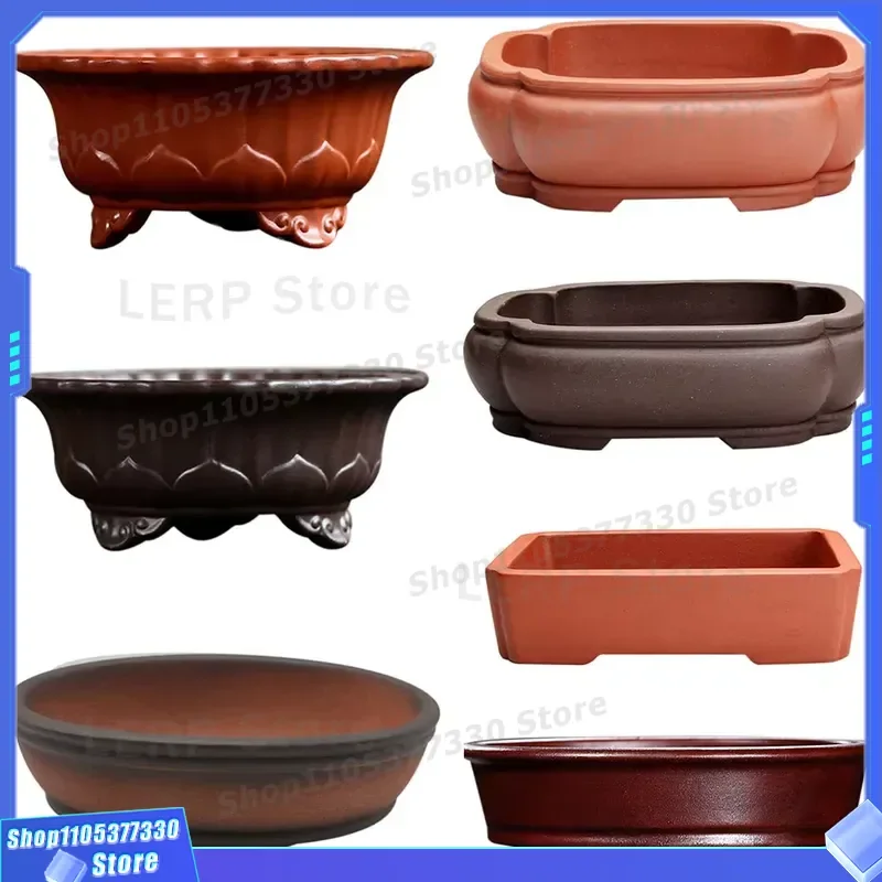 Traditional Chinese Yixing Ceramic Bonsai Pot Creative Oval Flower Planter for Indoor Garden Decoration Handmade Clay