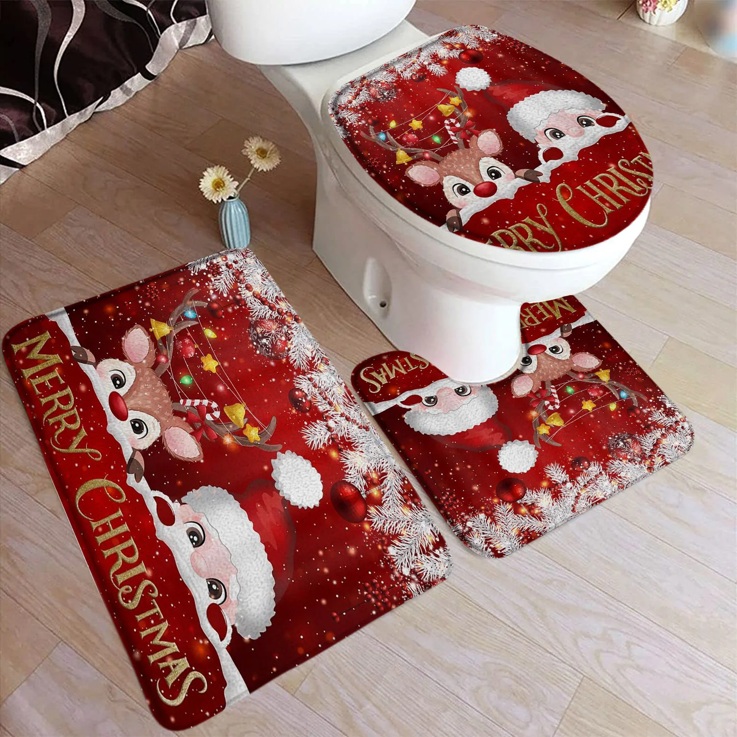 Red Christmas Bath Mat Set Santa Claus Elk Green Pine Branch Xmas Ball Home Carpet Non-slip Bathroom Decor Rugs Toilet Lid Cover