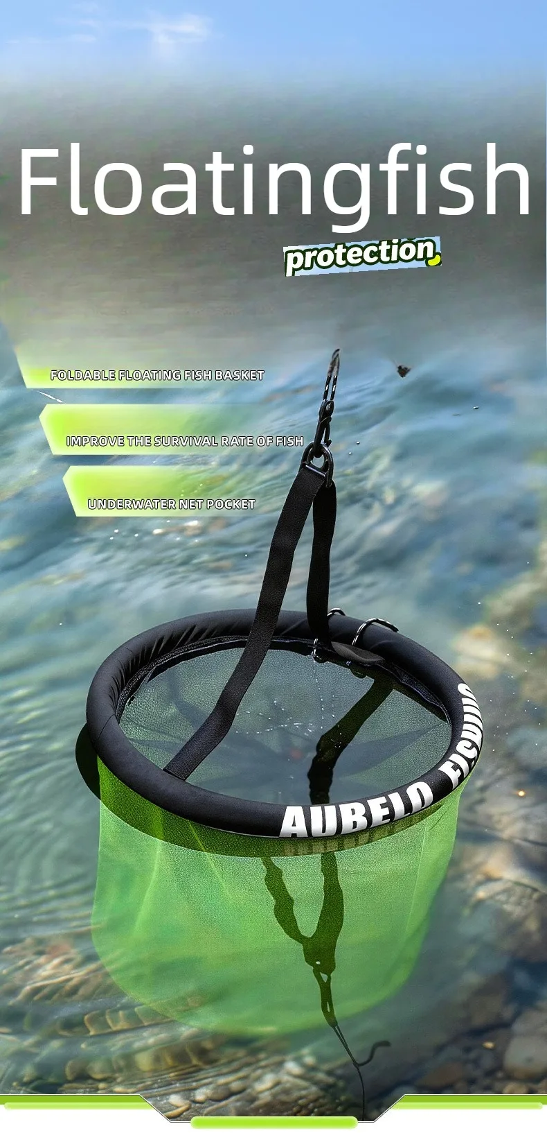 QAJTAO Neuer faltbarer runder schwimmender Fischkorb, Lebendgarnelenkäfig, Krabbenfalle für Wildfischen im Bach und Strandfischen – Detail 1