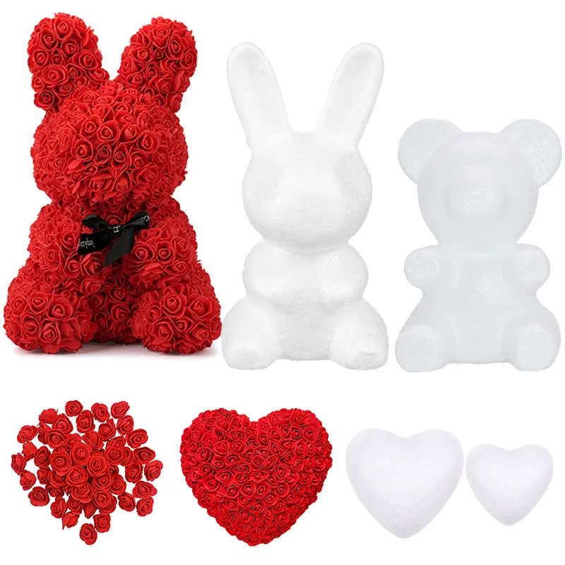 Teddy Bear of Roses Valentine's Day Present DIY Handmade Rose Rabbit White Heart Polystyrene Styrofoam Foam Mould for Wedding