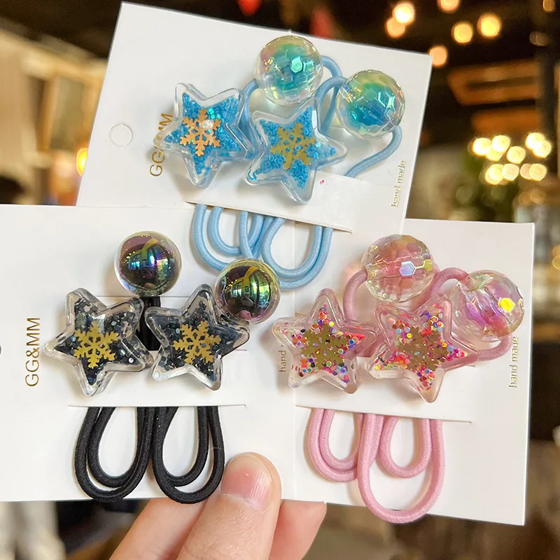 Glitter Star Hair Ties for Kids Korean Style Disco Bead Snowflake Elastic Ponytail Holders Colorful Cute Daily