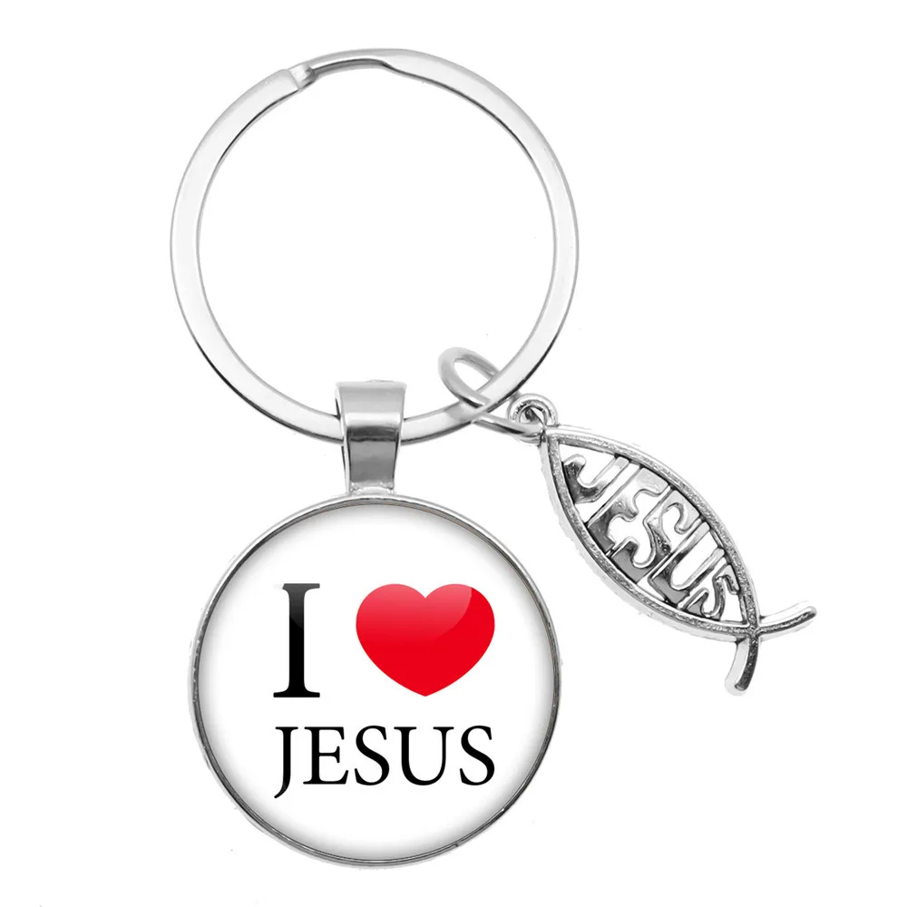 I Love Jesus Symbol Fashion Keychain Holder Handmade Glass Cabochon Pendant Keychain Charms Car Key Ring Religion Jewelry