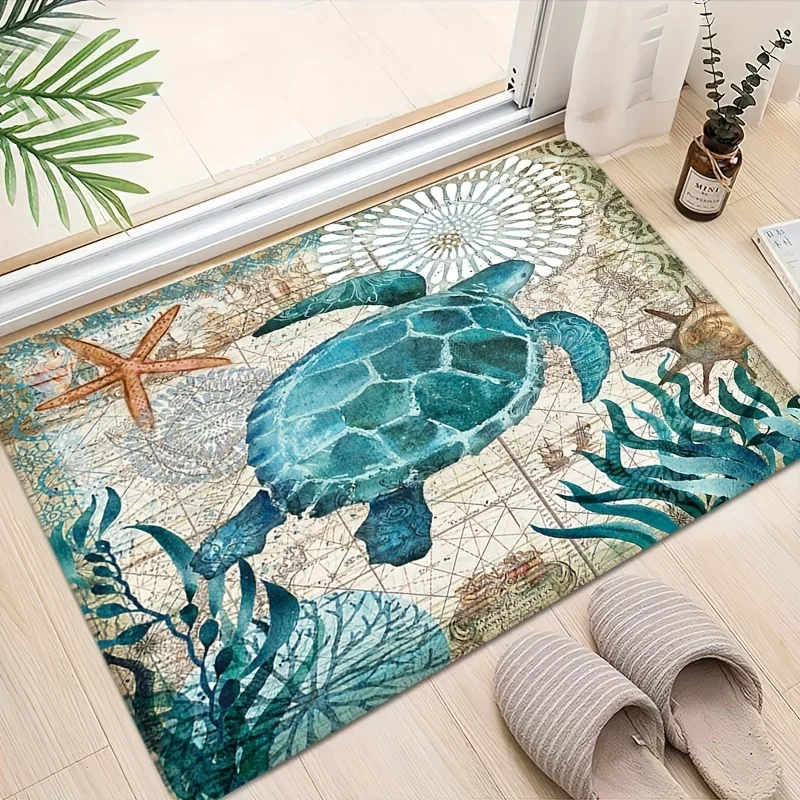 1pc Non Slip Bathroom Mat Ocean Style Absorbent Bath Rug Contemporary Art Indoor And Outdoor Soft Floor Pad Bathroom Decoration