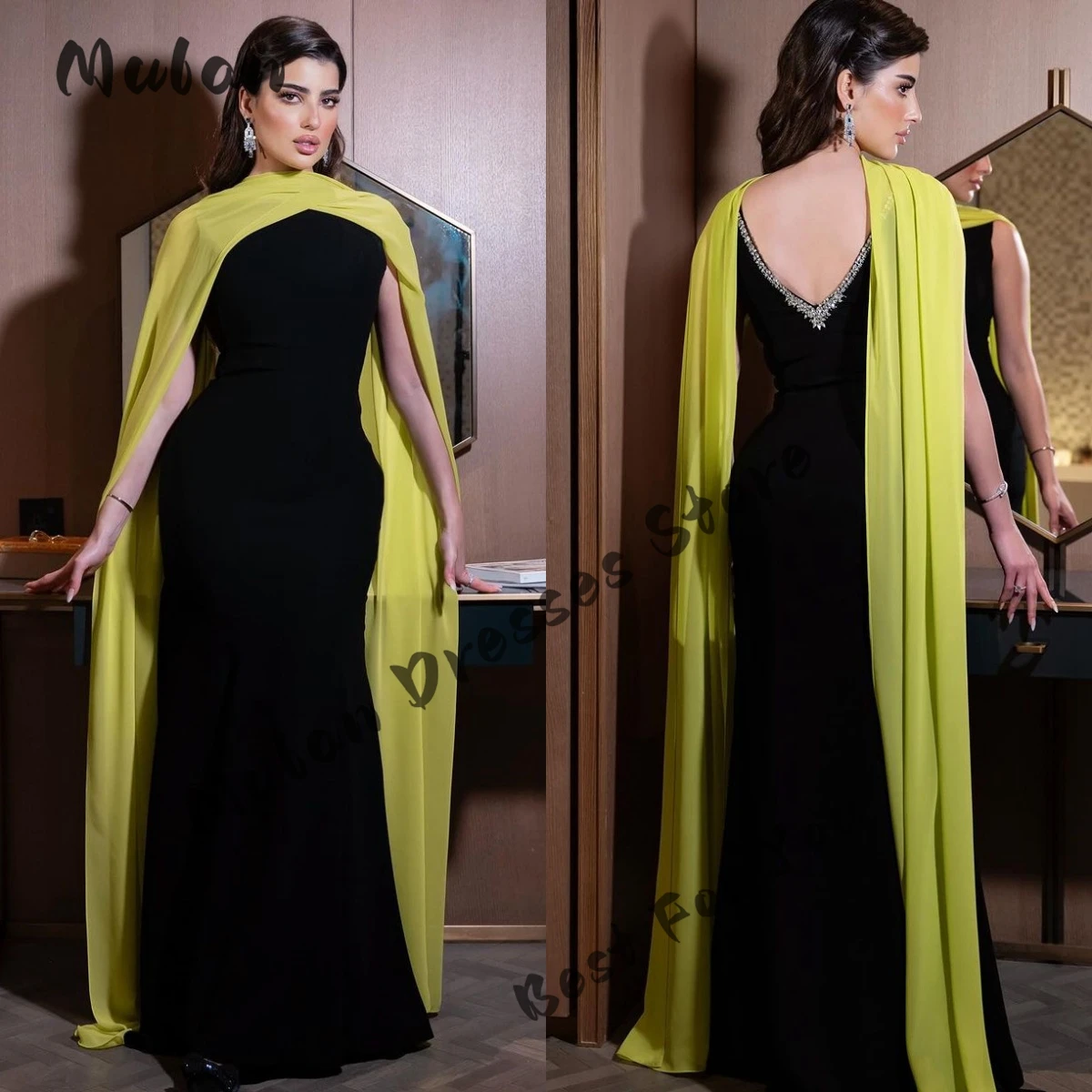 

Black Mermaid Shiny Beaded Evening Dresses Cape Floor-length Elegant Arabia Prom Gown 2024 Party Dress vestidos de gala