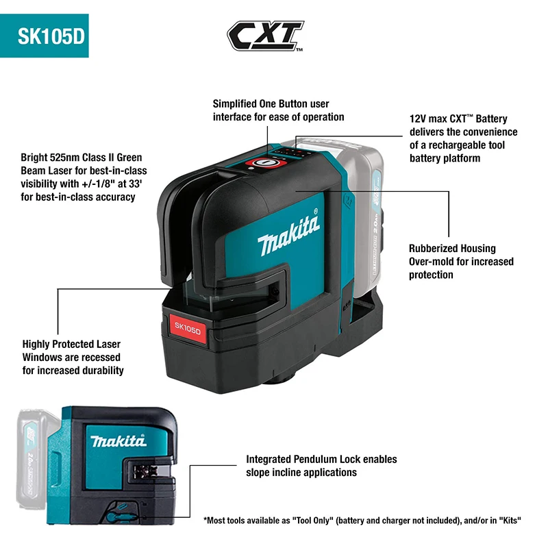 Makita SK105DZ/SK105GDZ Laser Level 12V Li-Ion CXT Cordless Self-Leveling Rechargeable Red Green Cross 2 Lines Laser Tool Only