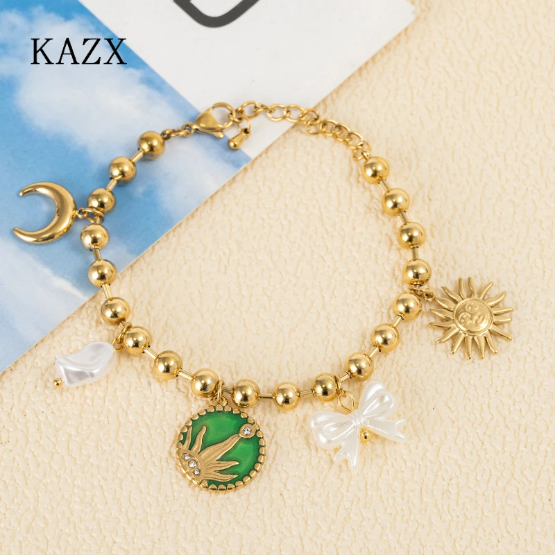 

KAZX Elegant Gold Beaded Bracelet Stainless Steel Sun Moon Bow Pearl Charm Adjustable Chain for Daily Wear