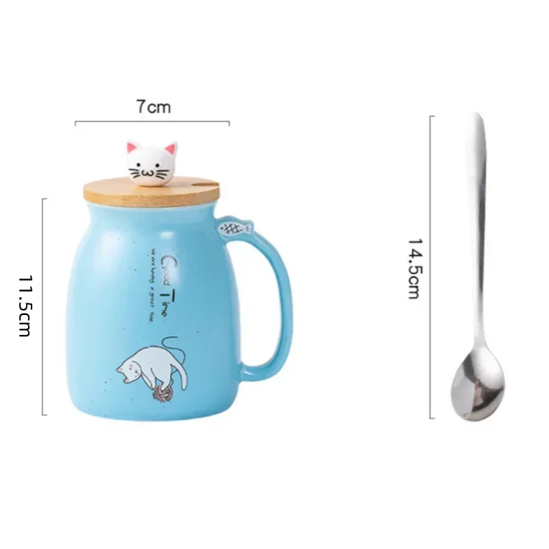 Japanese Style Wooden Lid Mug with Spoon Cute Cartoon Cat Milk Ceramic Mug Ice Yogurt Juice Cup Heat-resistant Mug Gifts Cup