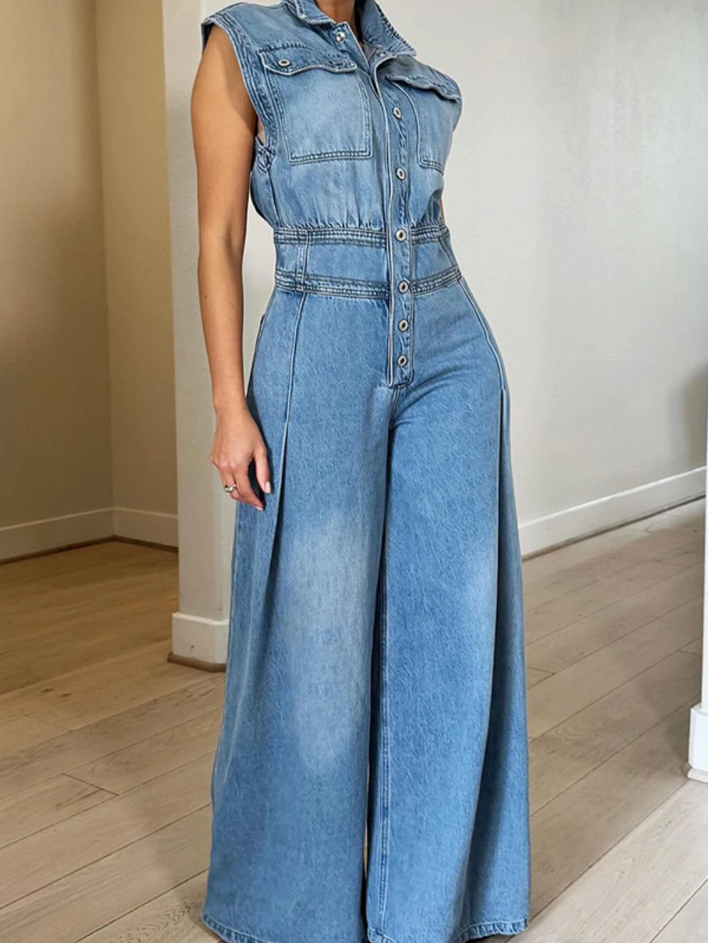 Casual Women's Denim Romper Spring Summer Sleeveless Lapel Loose Comfortable Solid Color Ladies One-Piece Wide Leg Pants