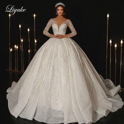 Liyuke Customize Made Luxurious Beading Sequins And Pearls Princess Wediing dresses Full Sleeves Shiny Lace Bridal Gowns