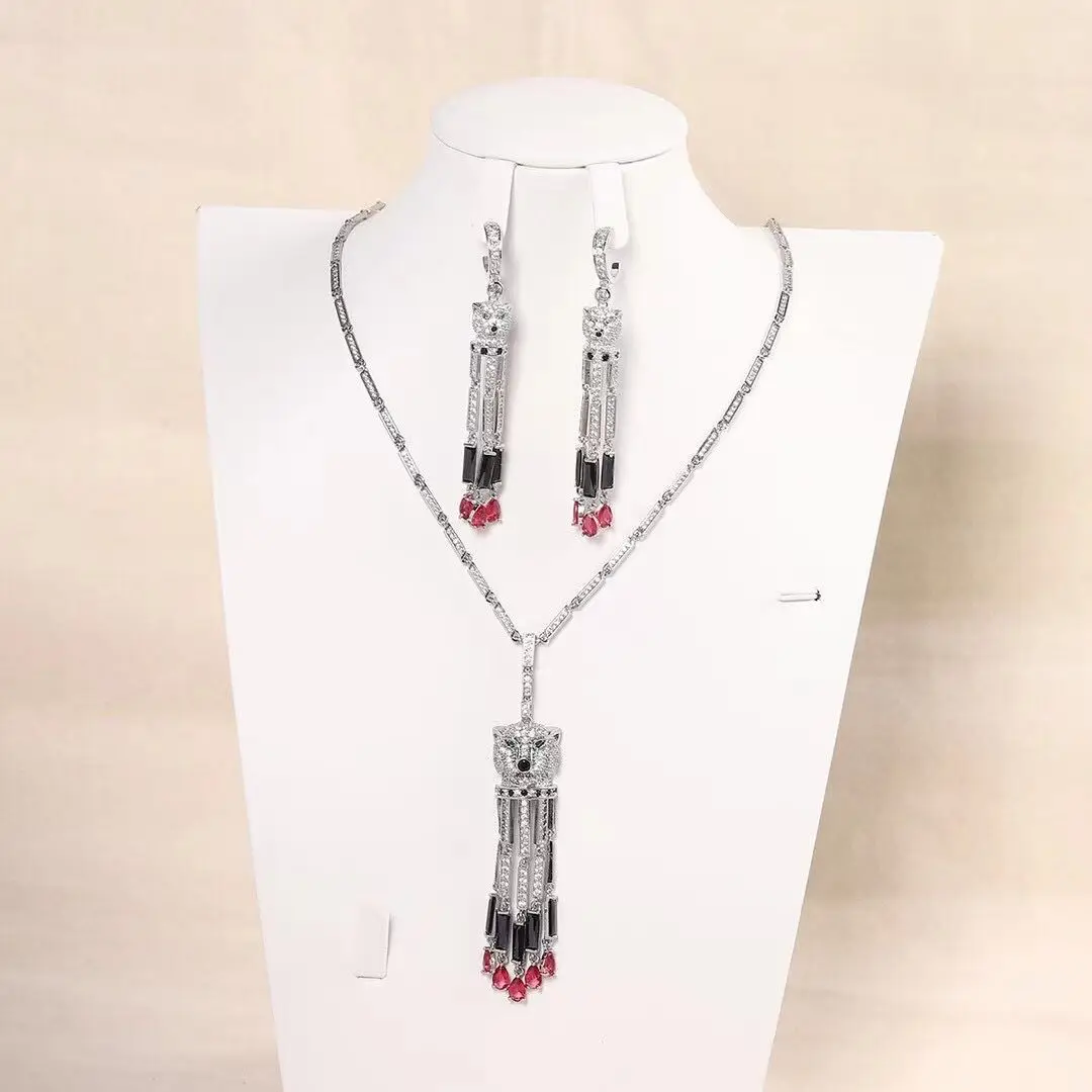 2024 Women Leopard head tassel necklace micro-inlaid zircon vintage Earrings set