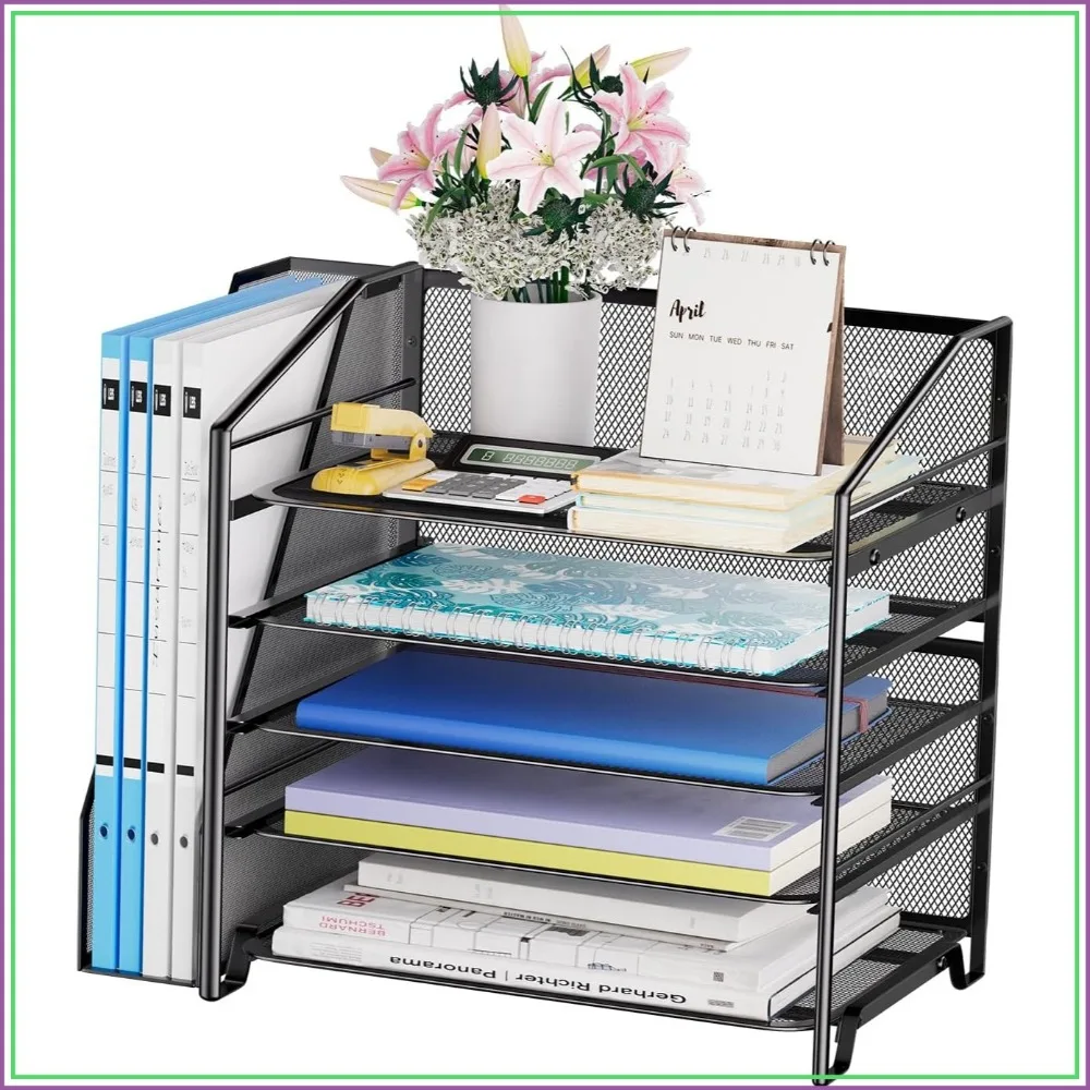 5-Tier Mesh Desk File Organizer, Paper Tray & Pen Holder, Black