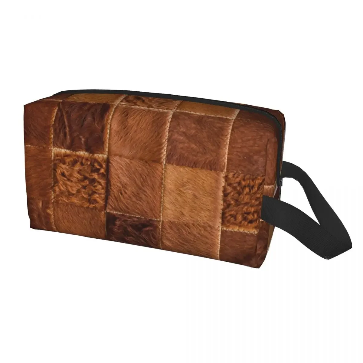 

Brown Checkered Cowhide Patche Toiletry Bag for Animal Fur Leather Texture Cosmetic Makeup Organizer Beauty Storage Dopp Kit Box