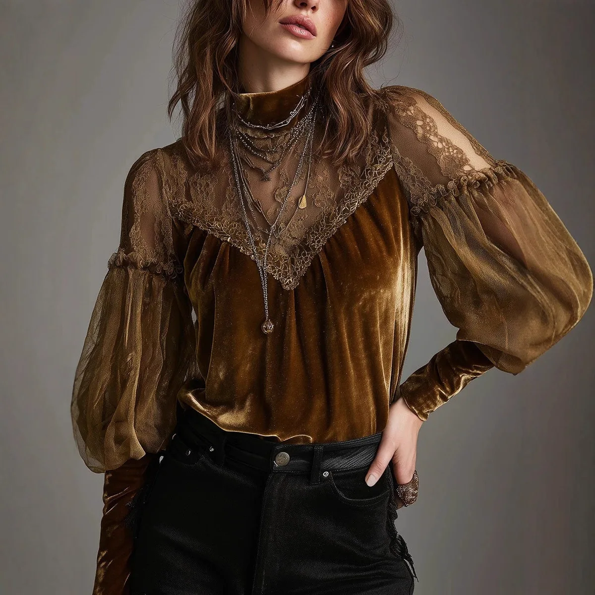 Jesienna aksamitna koszula damska, nowa modna bluzka z długim rękawem i półgolfem, seksowne bluzki damskie z siateczki.