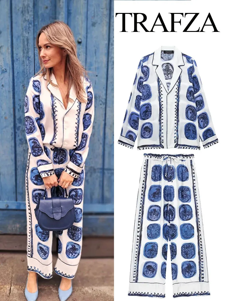 New Women Suits Print Turn-Down Collar Long Sleeves Single Breasted Casual Shirts+High Waist Pockets Zipper Wide Leg Pants