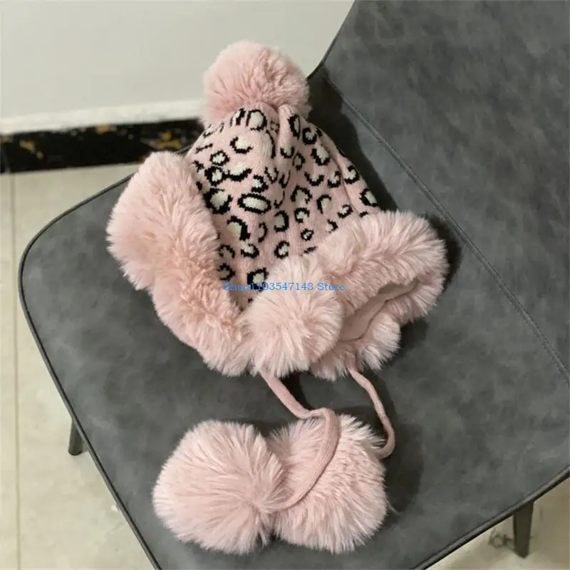 P88B الحلو لطيف ليوبارد طباعة قبعة قبعة صوف عادية قبعة صوف شتوية عادية مع EarFlap اليدوية كل مباراة Earprotect يندبروف #1