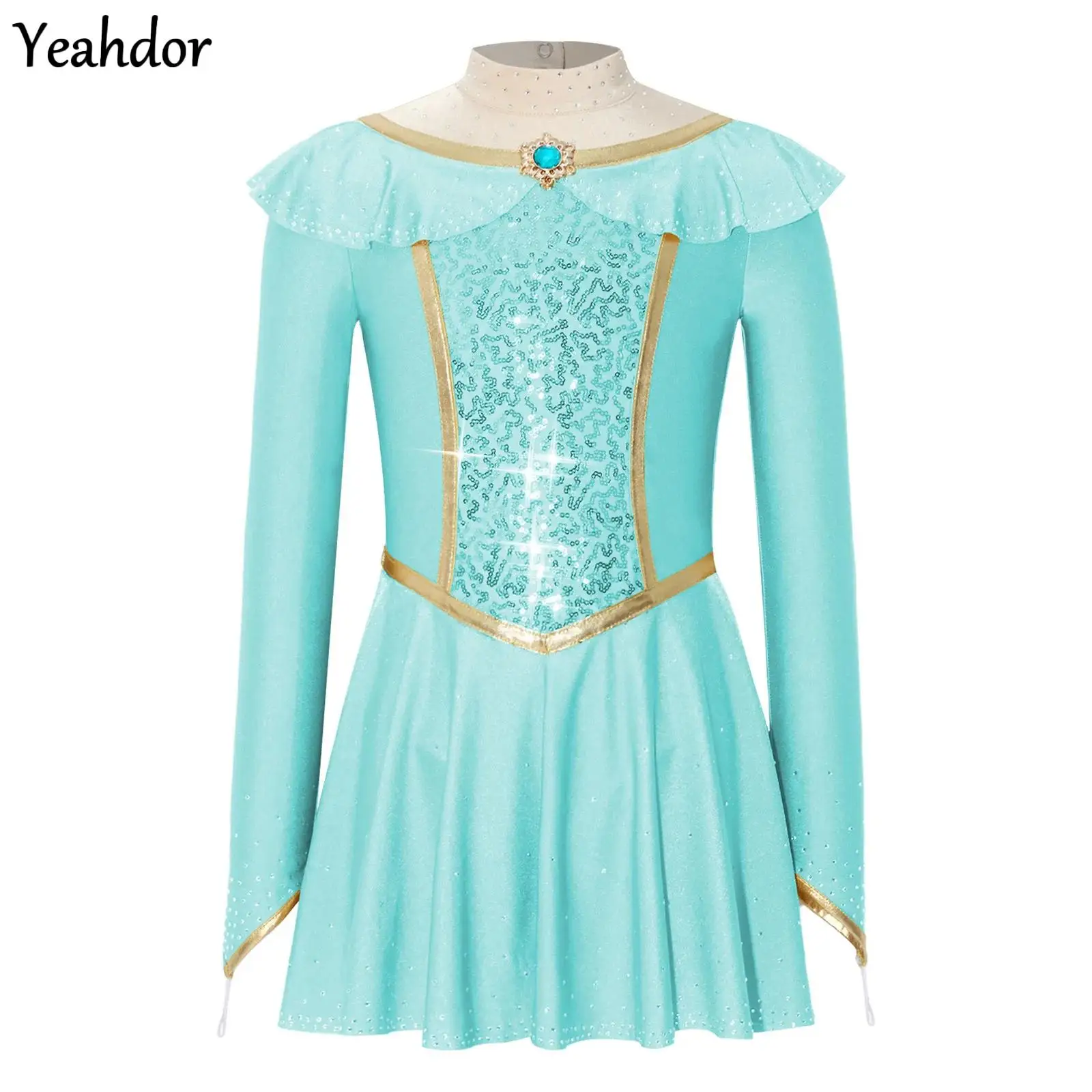 

Sequins Arabian Princess Dress for Girls Halloween Indian Dance Performance Costume Long Sleeve Shiny Rhinestones Leotard Dress