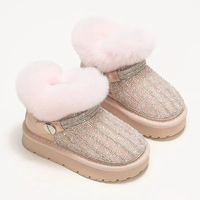 

Роскошные зимние ботинки для девочек, плюшевые ботинки с бриллиантами для девочек-подростков, толстые теплые зимние ботинки из искусственного меха для детей, теплая хлопковая обувь