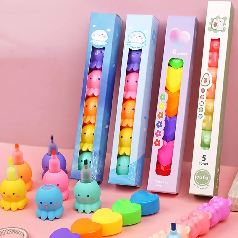 1 Box Highlighter Pen Octopus Flower Heart Bear Cute Shape Smooth Writing Painting Colorful Cartoon Marker Student Stationery