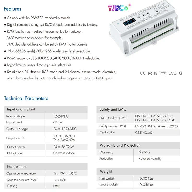 12CH or 24 Channel RGB DIN Rail DMX dimming controller 24CH RGB/RGBW LED Strip dimmer stage light RDM DMX 512 decoder