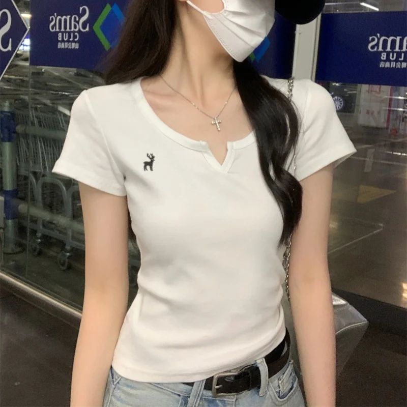 2026 Y2k Summer Korean Fashion T Shirt Women V-neck Open collar Sexy Embroidery Tee Shirt short sleeved Slim T-shirt Woman Tops