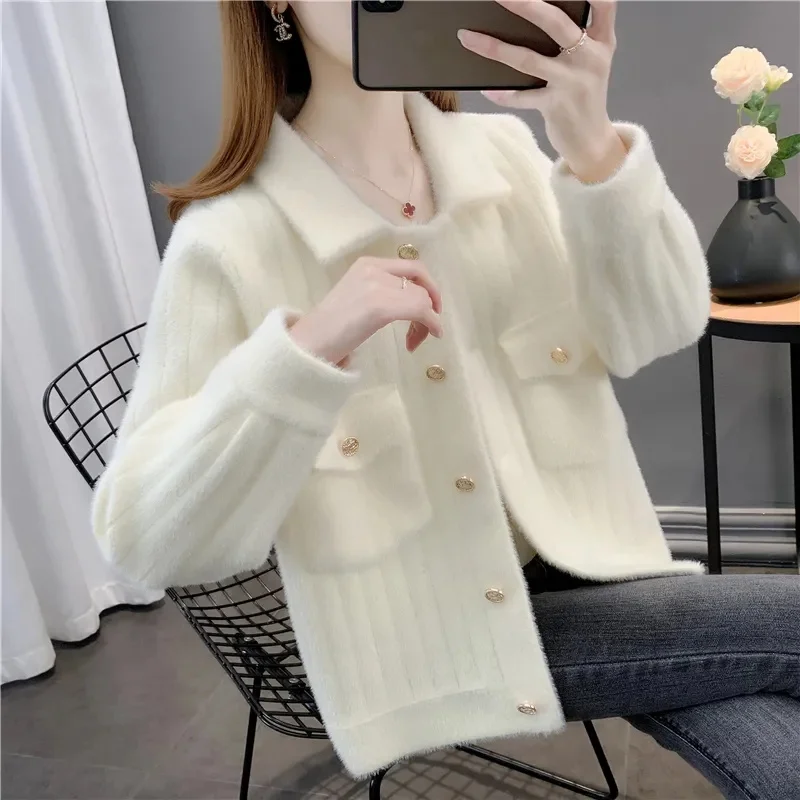 Coat Women\'s Spring Autumn 2024 New Short Mink Velvet Jacket Fashion Loose High Quality Outwear Zipper Knit Cardigan Female Tops