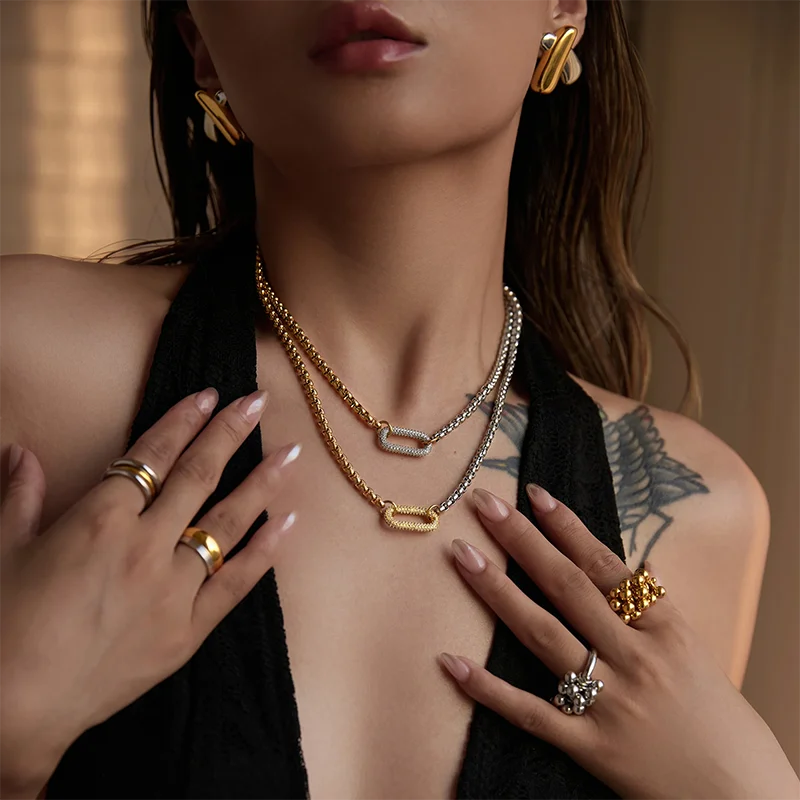 Rhinestone U shape pendant necklaces stainless steel necklaces for women minimalist simple geometric stainless steel jewelry