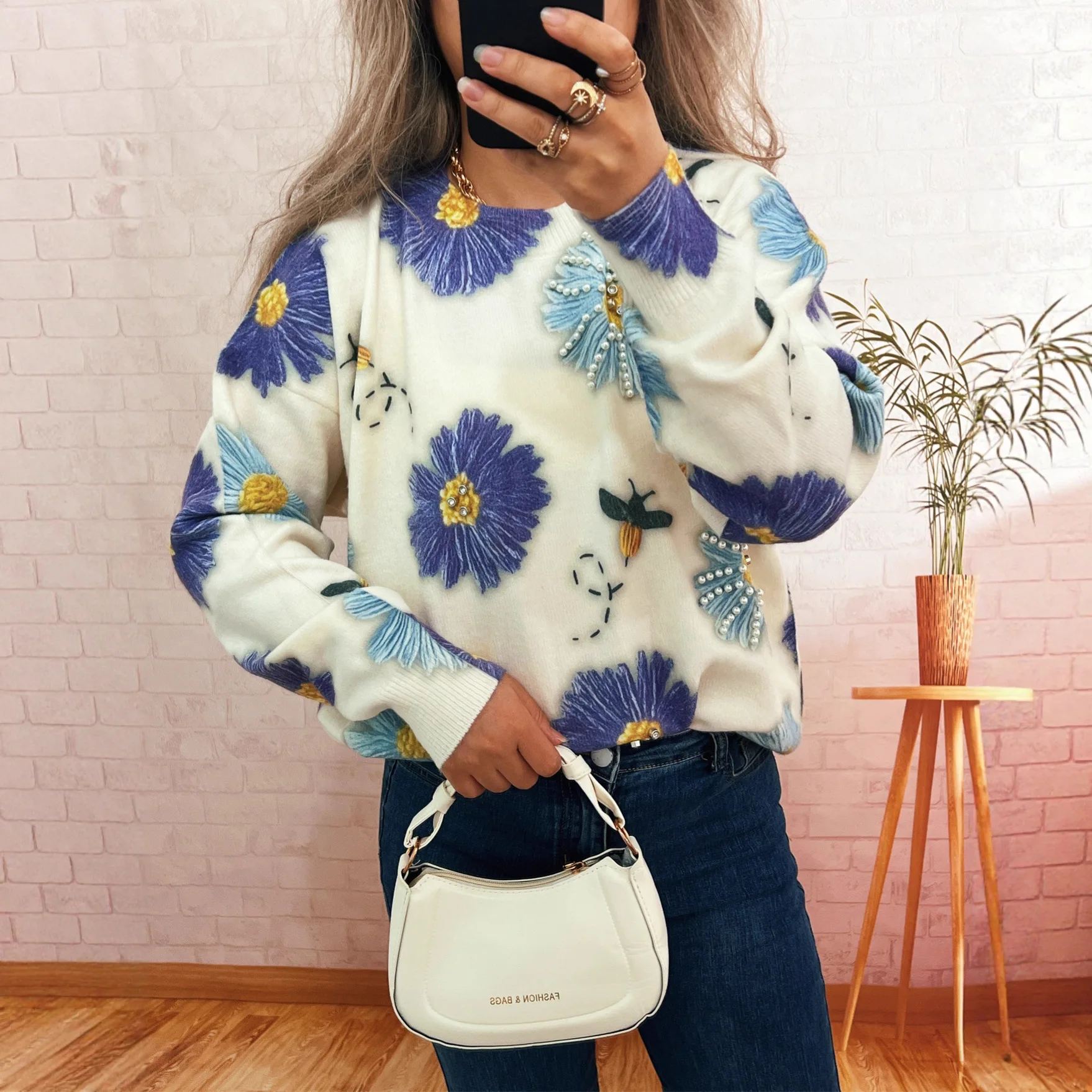 Damski sweter na jesień i zimę 2025, uniwersalny, codzienny, retro, z kwiatowym wzorem, luźny, z długim rękawem, dzianinowy top, sweter do noszenia na co dzień i do pracy.