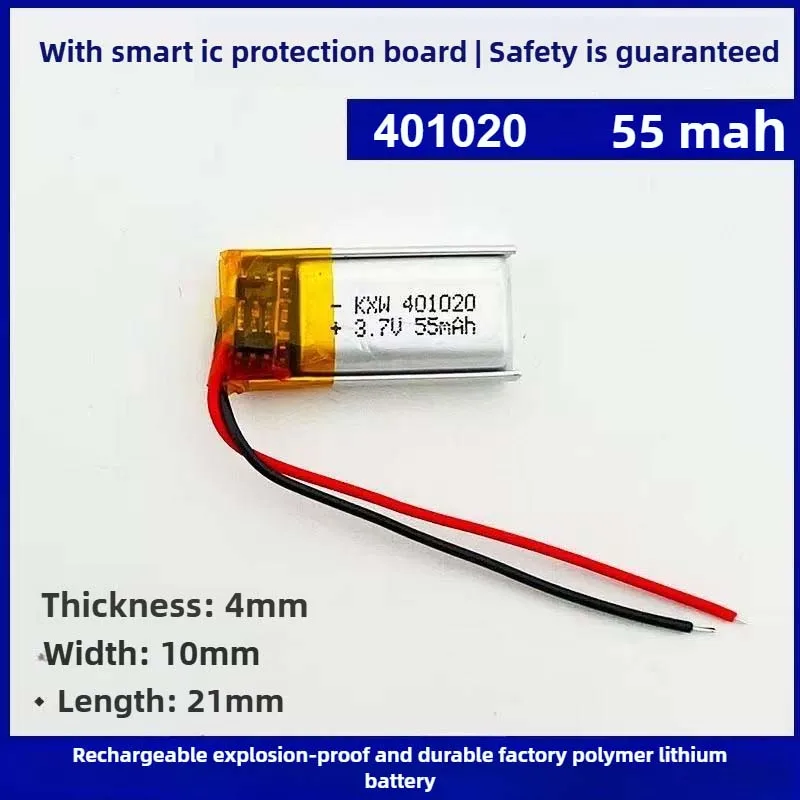401020 3.7V Polymer Lithium Battery 55mAh Rechargeable for Watch Beauty Equipment,Bluetooth Earphones Selfie Stick Smart Watch