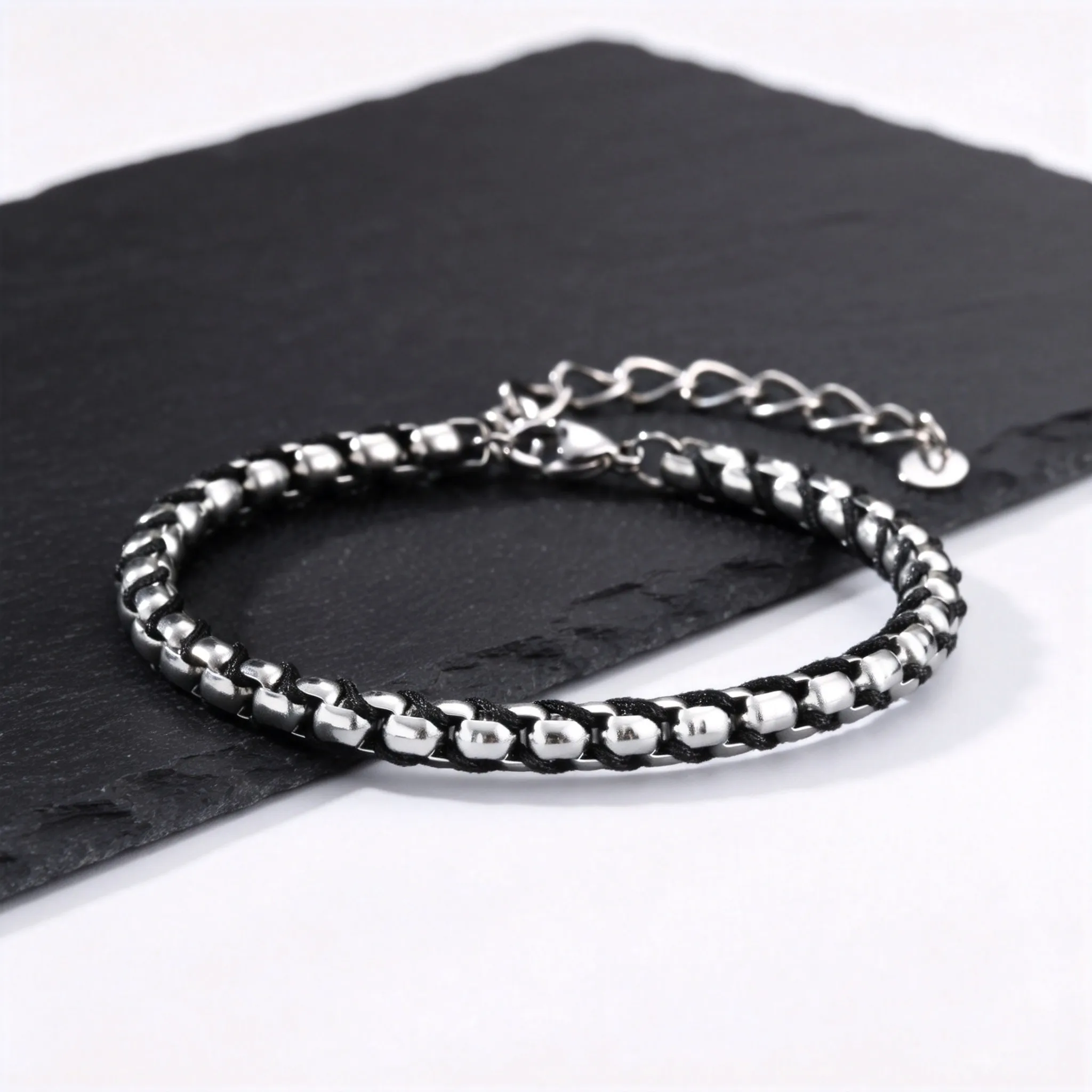 Schwarz-Silberfarbene Edelstahl-Kastenkette Armbänder, Einfaches Punk-Stil Verstellbares Kettenarmband, Neuer Männerschmuck – Detail 4
